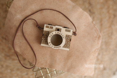 Camera-shaped object with 'Say Cheese' text on a textured surface