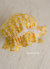 Baby yellow shower cap with daisies, flowers shower cap photo prop cake smash