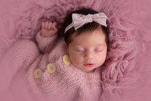 Baby newborn footed romper, bonnet, tieback set,  pink, blush, velvet, made to order