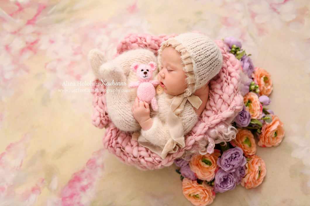 Baby newborn bonnet with velvet, romper, tieback, bauble bonnet