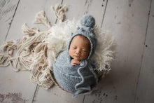 Knitted chunky layer, wrap and bonnet set, fluffy soft, blue, pom pom, Pre order