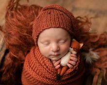 Rust brown, burnt orange, knitted long wrap and hat set, newborn, beads, Made to order