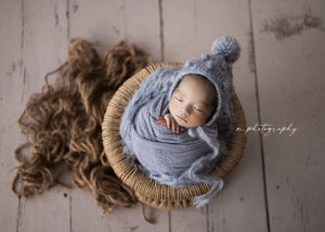 Knitted chunky layer, wrap and bonnet set, fluffy soft, blue, pom pom, made to order