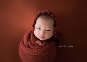 Baby newborn bonnet with velvet details, wrap, tieback set, orange, rust, made to order
