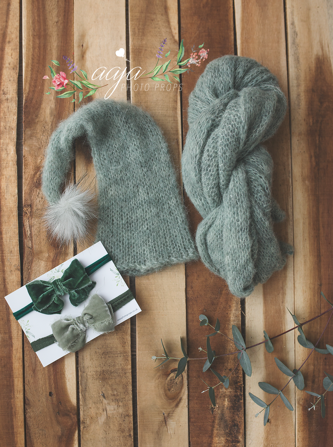 Baby newborn knitted wrap, hat, velvet bow set, sage, green, fur, Made to order