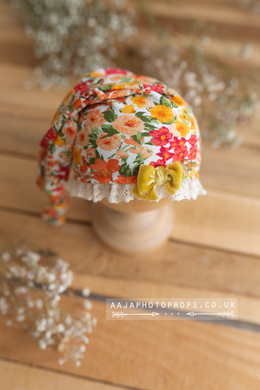 Baby newborn girl sleepy hat, knot, flower, lace, yellow, red, orange, RTS