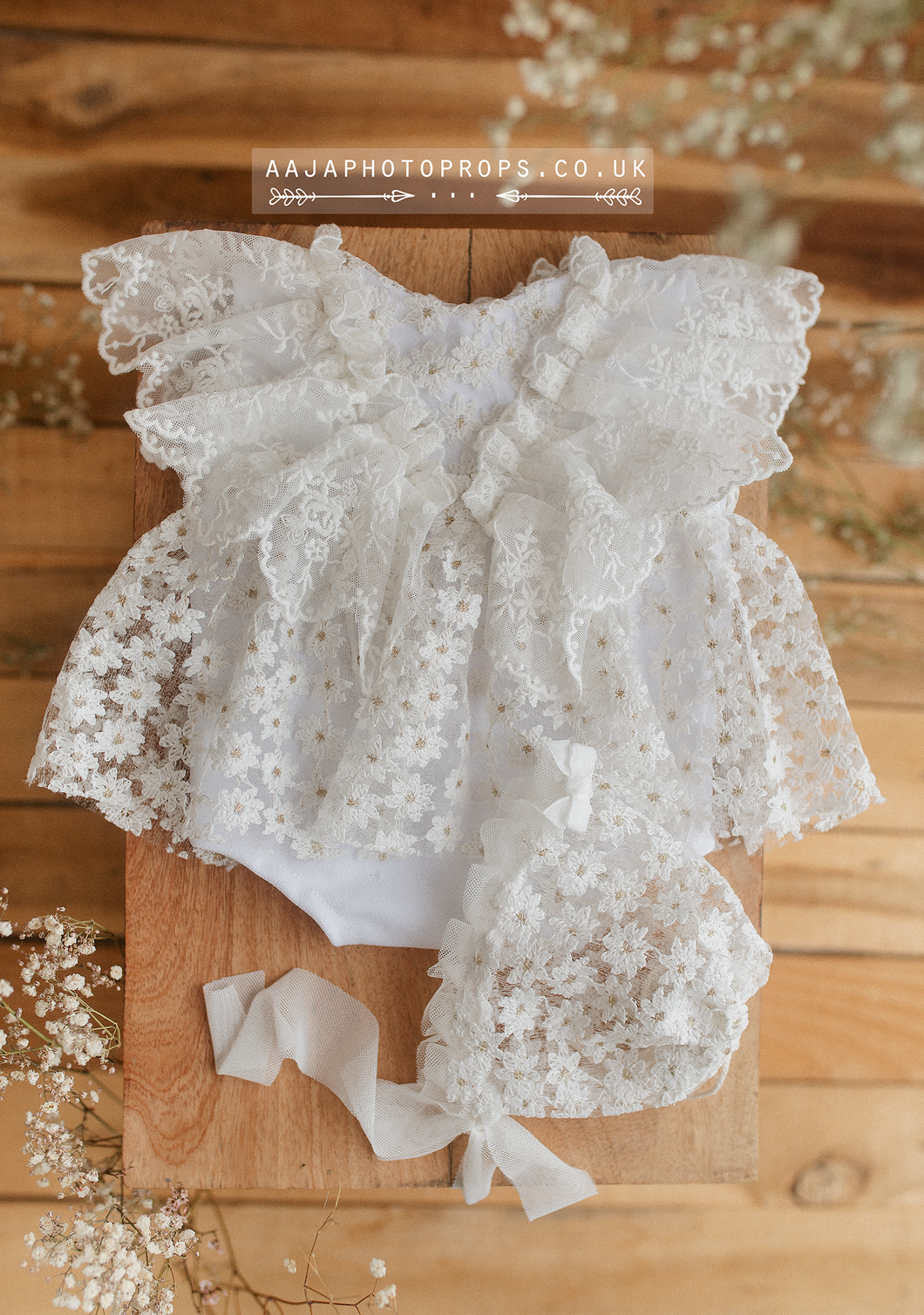 Baby newborn girl romper and bonnet, off white, lace, boho, vintage, made to order