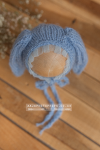 Baby newborn bunny bonnet, wrap, tieback set, blue, made to order