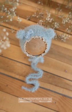 Light blue baby newborn bear bonnet, With lace, made to order