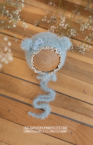 Light blue baby newborn bear bonnet, With lace, made to order