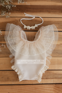 Baby newborn girl romper and tieback creamy beige, frilly lace, boho, Made to order