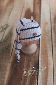 Baby newborn sleepy hat, knot, stripe, blue, button, RTS