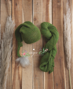 Olive green, knitted stretch wrap and slouch knot hat set, fur pom pom Made to order