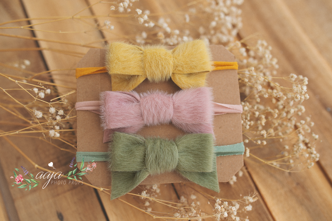 Baby girl hairy velvet bows tiebacks set, yellow, lilac, pink, sage green, made to order
