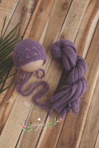 Baby newborn knitted wrap and bonnet set, plum, mauve, made to order