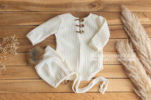 6-12 size romper and bonnet, cream, fur pom pom, made to order