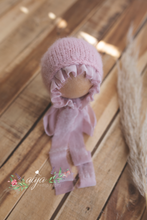 Baby newborn footed romper, bonnet, tieback set,  pink, blush, velvet, made to order