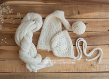 Newborn baby knitted wrap, hat, bonnet set, neutral, cream, made to order