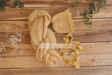 Baby newborn bonnet and knitted wrap set, yellow, butter, Velvet ties, made to order