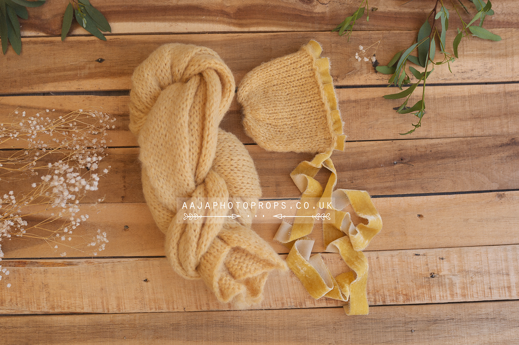 Baby newborn bonnet and knitted wrap set, yellow, butter, Velvet ties, made to order