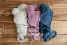 Knitted stretch wrap and pom pom bonnet set, off white, pink, blue, made to order