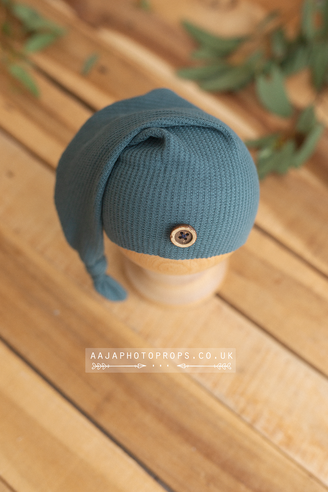 Baby newborn sleepy hat, knot, teal blue, button, RTS
