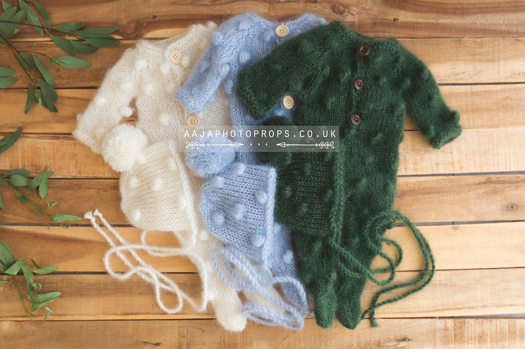 Baby newborn footed romper, bonnet set, bobble, pyjama, pom pom, green, made to order