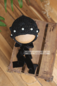 Baby newborn bonnet with velvet ties, wrap, tieback set, black, pearl beads, made to order