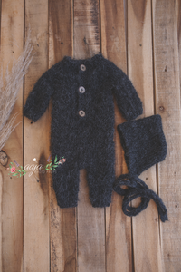 Baby newborn knitted romper and bonnet set, black, dark grey, made to order