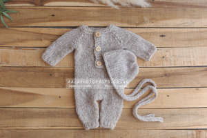 Baby newborn knitted romper and bonnet, Beige, made to order
