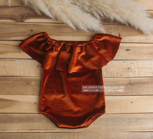 Baby 9-12 months size girl velvet romper, frilly, rust, burnt orange, Made to order