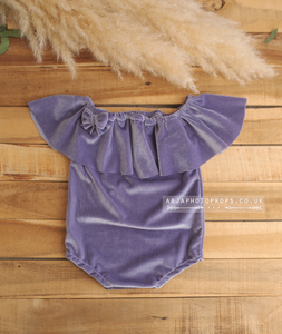 Baby 9-12 months size girl velvet romper, frilly, lavender, Made to order