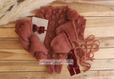 Newborn prop bundle, bobble romper, bonnets, tieback set, velvet, Made to order