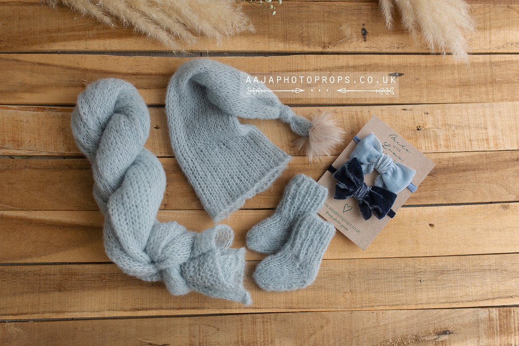 Baby newborn knitted wrap, hat, velvet bows, socks set, light dusky blue, fur, Made to order