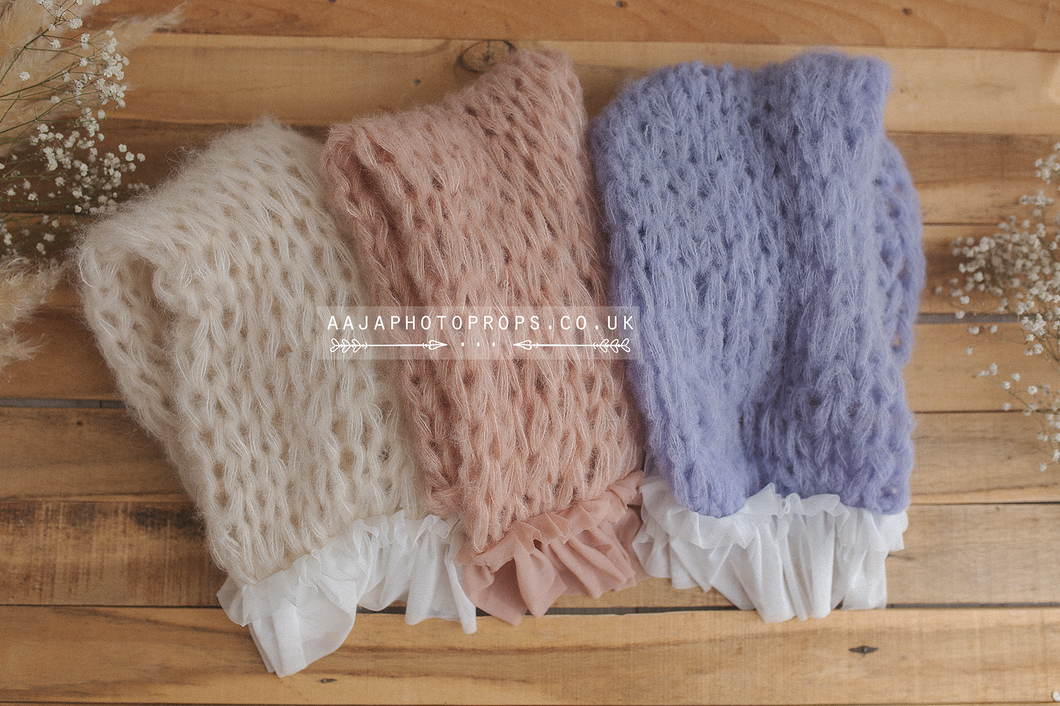 Knitted chunky layer, fluffy soft, pastel, cream, peach, lavender, frilly edge, RTS