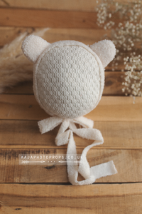 Baby 6-12 months size bear bonnet, off white, boho, ears, soft,  RTS