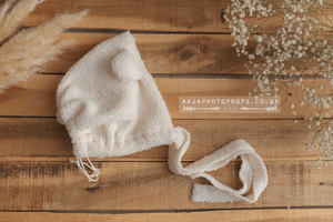 Baby 6-12 months size bear bonnet, off white, boho, ears, soft,  RTS