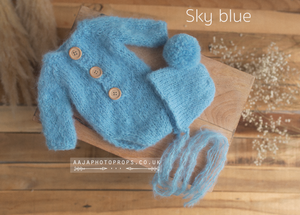 Baby newborn knitted romper and bonnet set, grey, blue, made to order