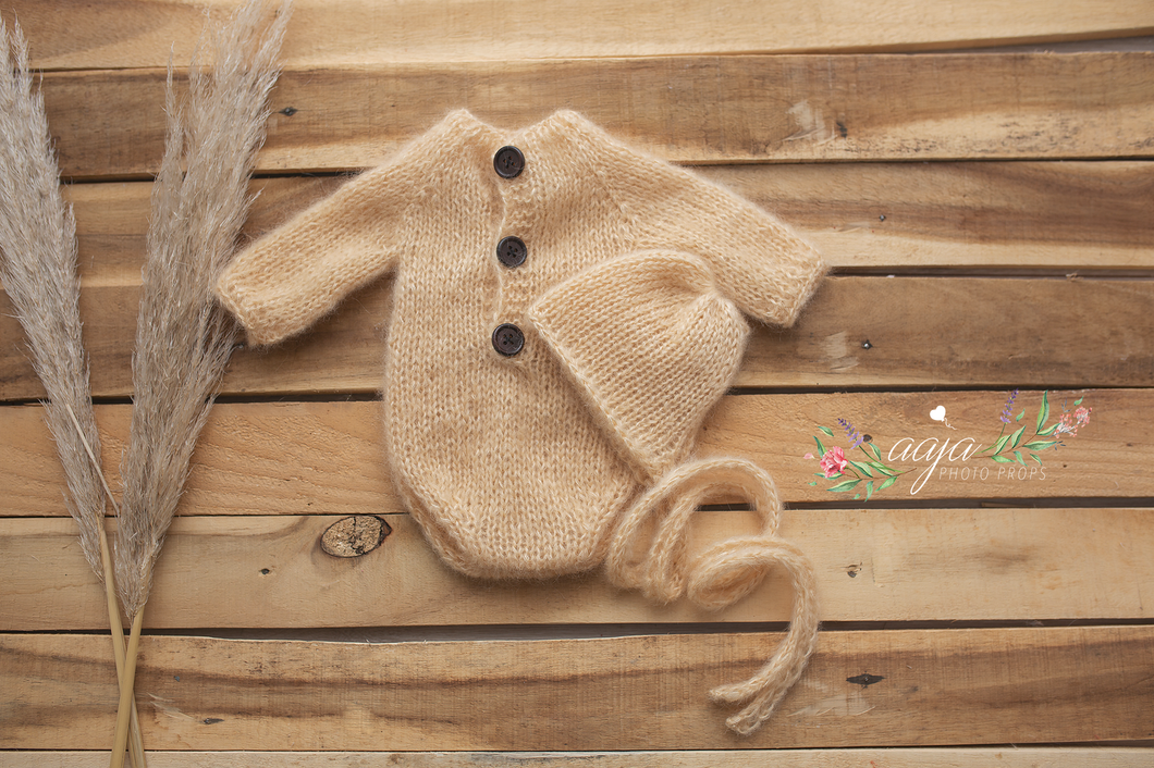 Baby newborn knitted romper and bonnet set, kid silk, pastel yellow, vanilla, made to order