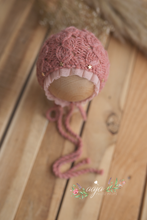 Baby newborn girl Knitted bonnet and wrap, salmon pink, with stars, made to order