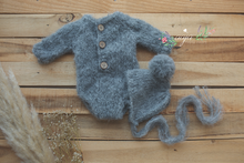 Baby newborn knitted romper and bonnet set, grey, blue, made to order