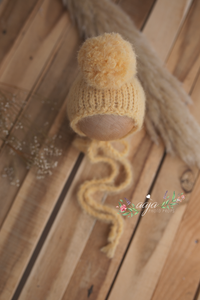 Baby newborn knitted footed romper and hat, soft yellow, pom pom, Made to order