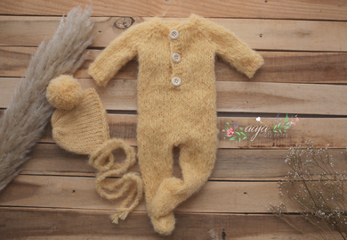 Baby newborn knitted footed romper and hat, soft yellow, pom pom, Made to order
