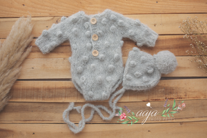 Baby newborn bubble knitted romper and hat set, silver grey, made to order