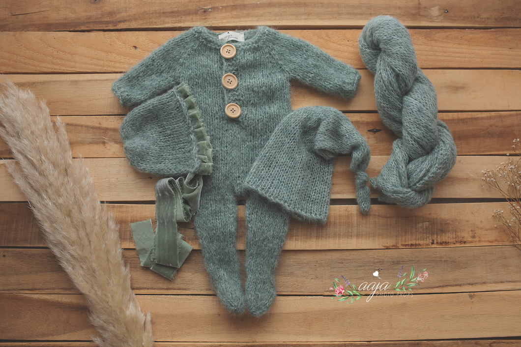 Baby newborn knitted footed romper, hats, wrap, sage teal green, velvet, made to order