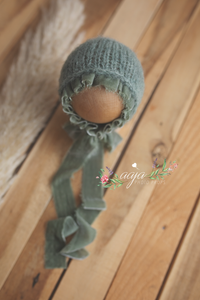 Baby newborn bonnet with velvet, sage green, Made to order