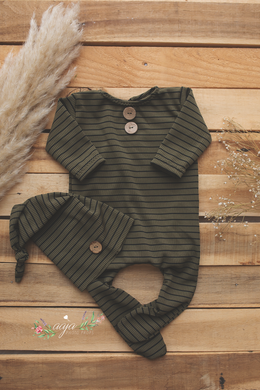 Baby Newborn pyjama romper and hat set, stripe, black, Green, buttons, footed, Made to order