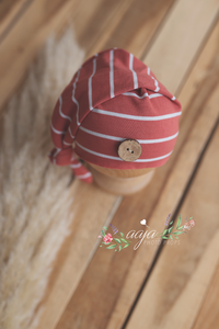 Baby newborn sleepy hat, knot, terracotta, stripe, button, RTS