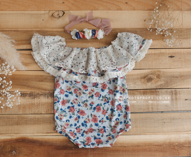 9-12 months size romper and flower tieback, frilly, boho style, rust, blue, RTS