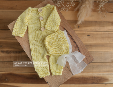 Baby newborn knitted romper and bonnet, lemon yellow, made to order